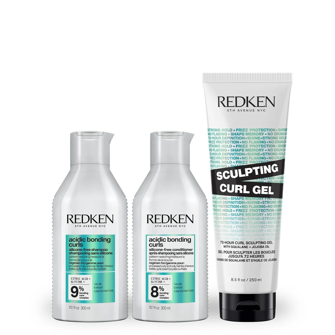 Curl Holding Trio Shampoo, conditioner & sculpting gel for damaged curly & coily hair.